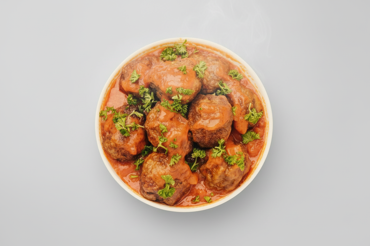 Almôndegas de feijão preto e sementes com molho suave e aromático de tomate e caril