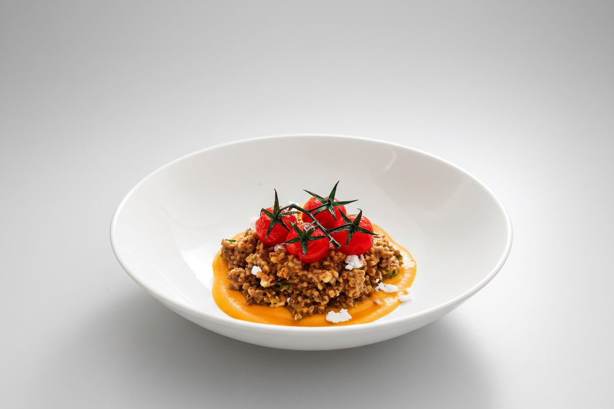 Risotto de trigo sarraceno com creme de abóbora, chutney de cebola roxa e tomate cherry