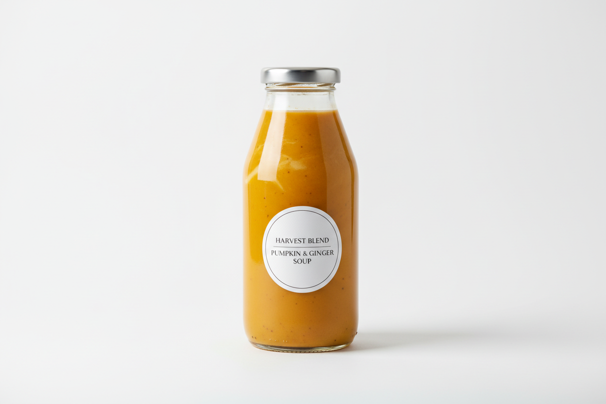 Creme de abóbora e gengibre numa garrafa de vidro de 500ml