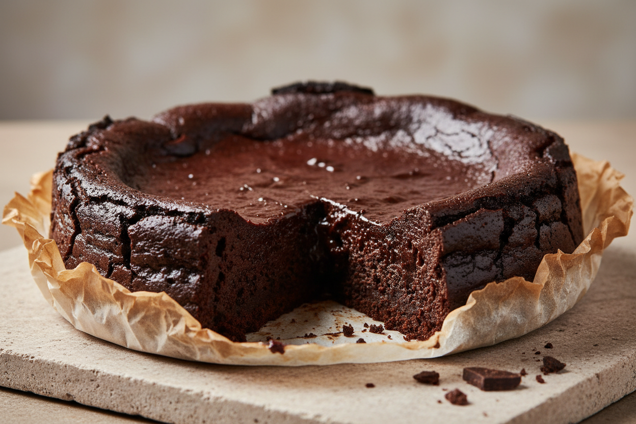 La tarta basca toda em chocolate embrulhada em papel vegetal
