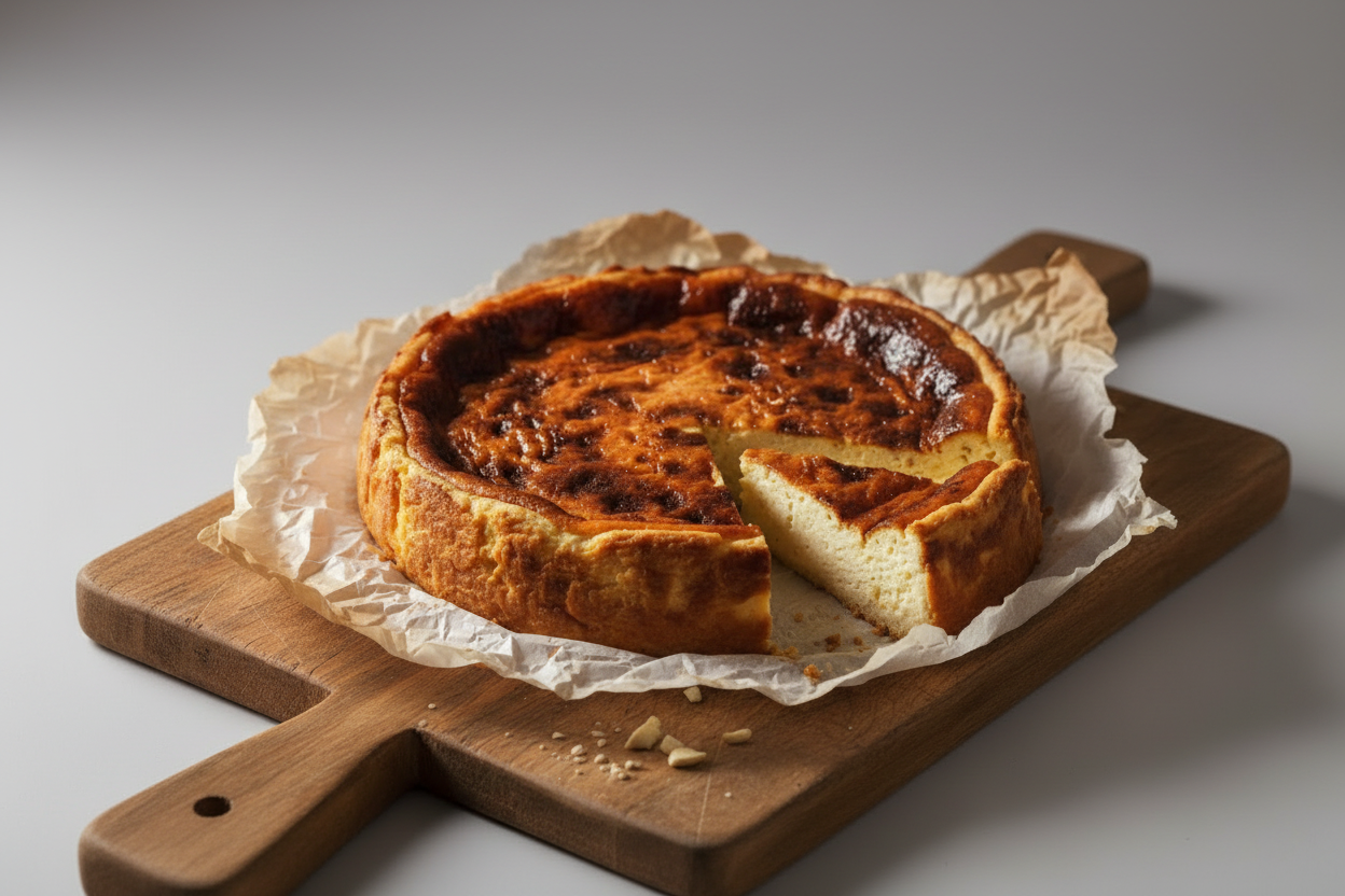 La vegaña Tarta Basca ('queijada de caju') Em papel vegetal