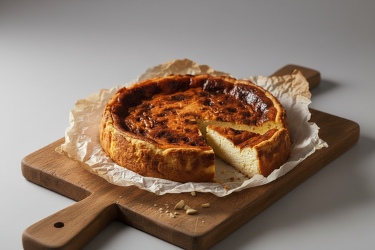 La vegaña Tarta Basca ('queijada de caju') Em papel vegetal