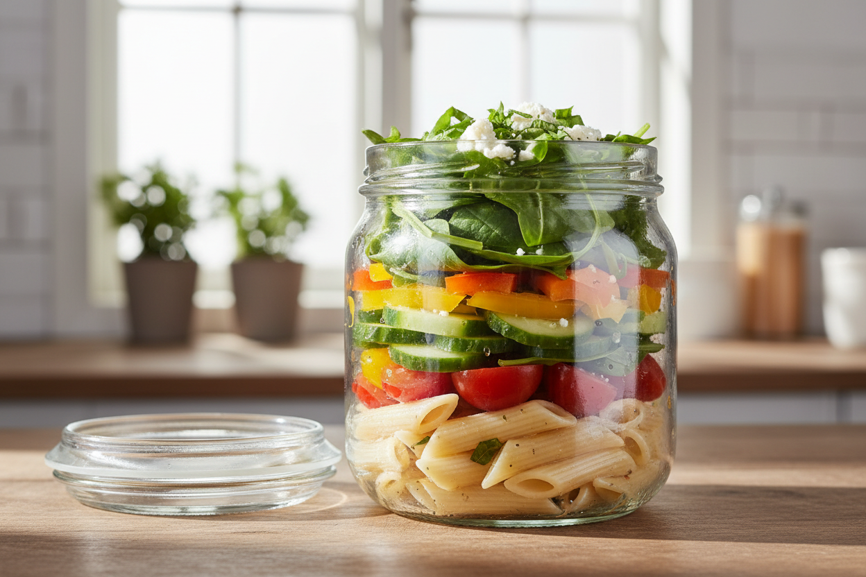 Salada penne em boião de vidro