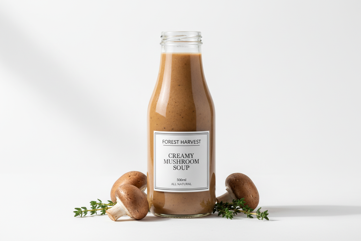 Sopa aveludada de cogumelos marron em garrafa de vidro de 500ml