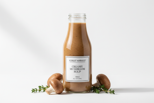 Sopa aveludada de cogumelos marron em garrafa de vidro de 500ml