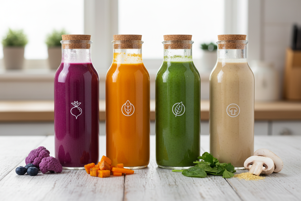 Sopas roxa, laranja, verde e bege em garrafa de vidro